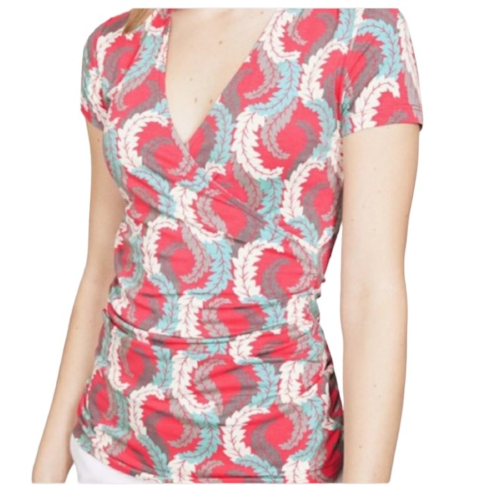 Boden Faux Wrap Ruched Feather Leaf Print Knit Top - 6